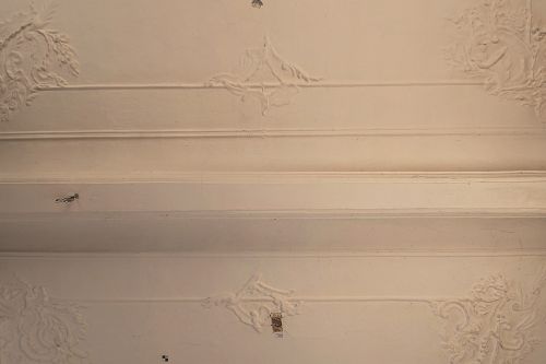 Versuch einer Übersichtsaufnahme der Stuckdecke im Saal – leider reichte auch der Weitwinkel nicht aus, um die ganze Decke zu fotografieren